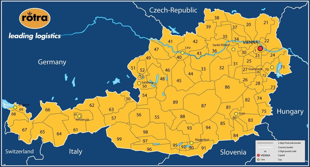 карта на Австрия Пощенски код 