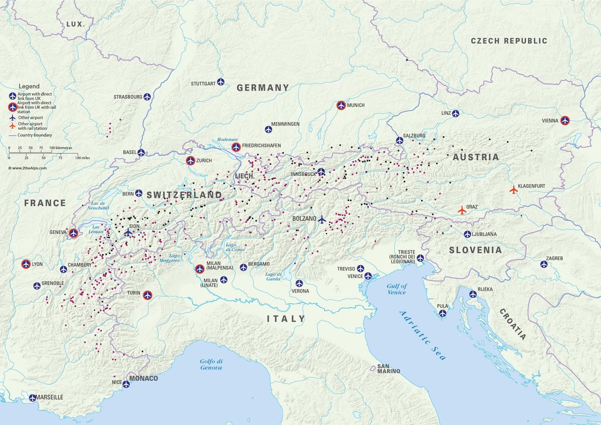 карта на Австрия, ски курорти, летища