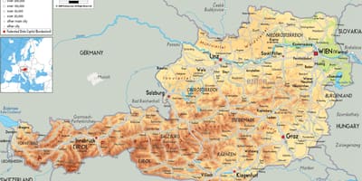 Карта на физическа карта на Австрия
